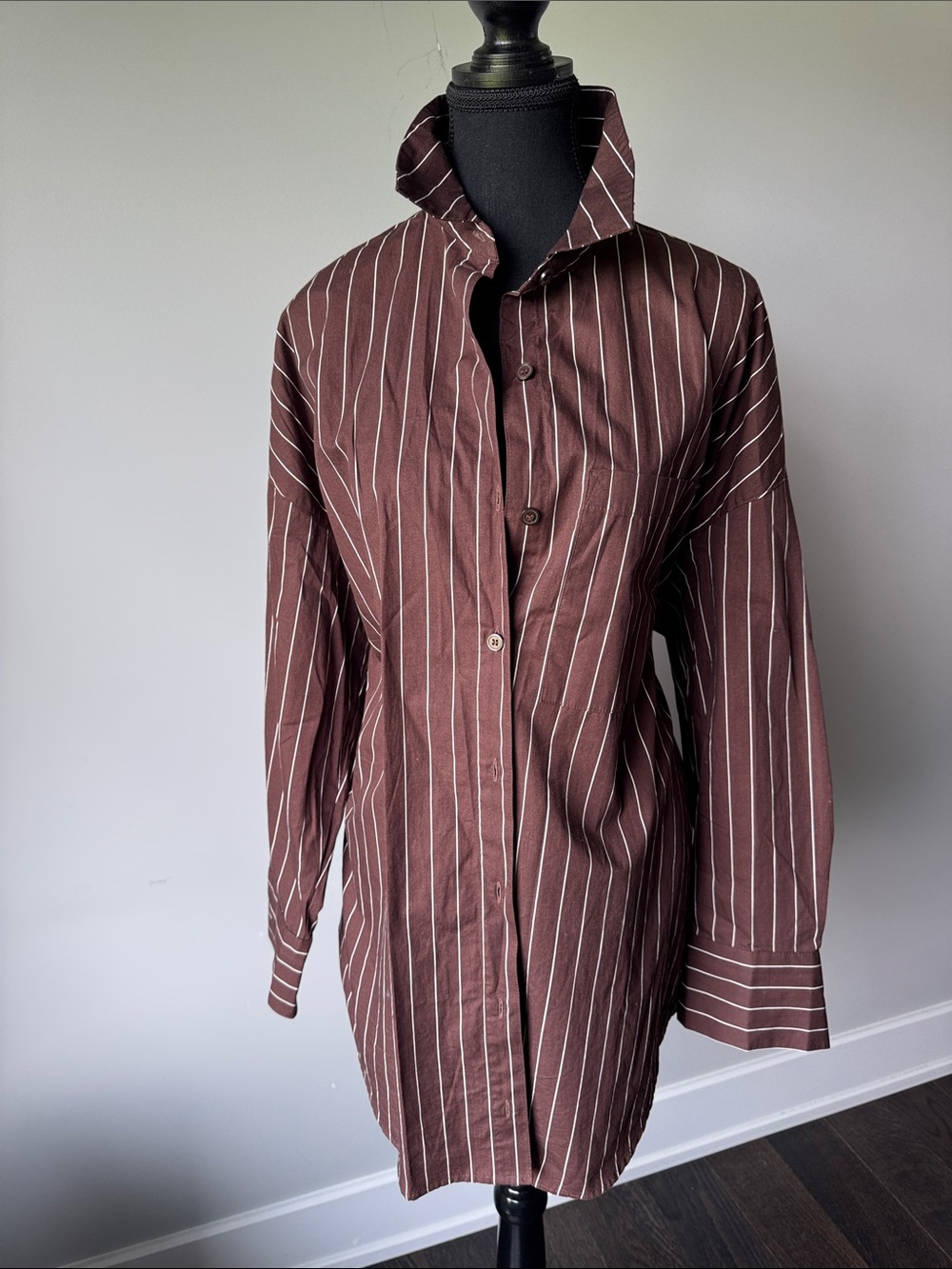 Striped Button-Up Shirt Dress in Brown with white pinstripes